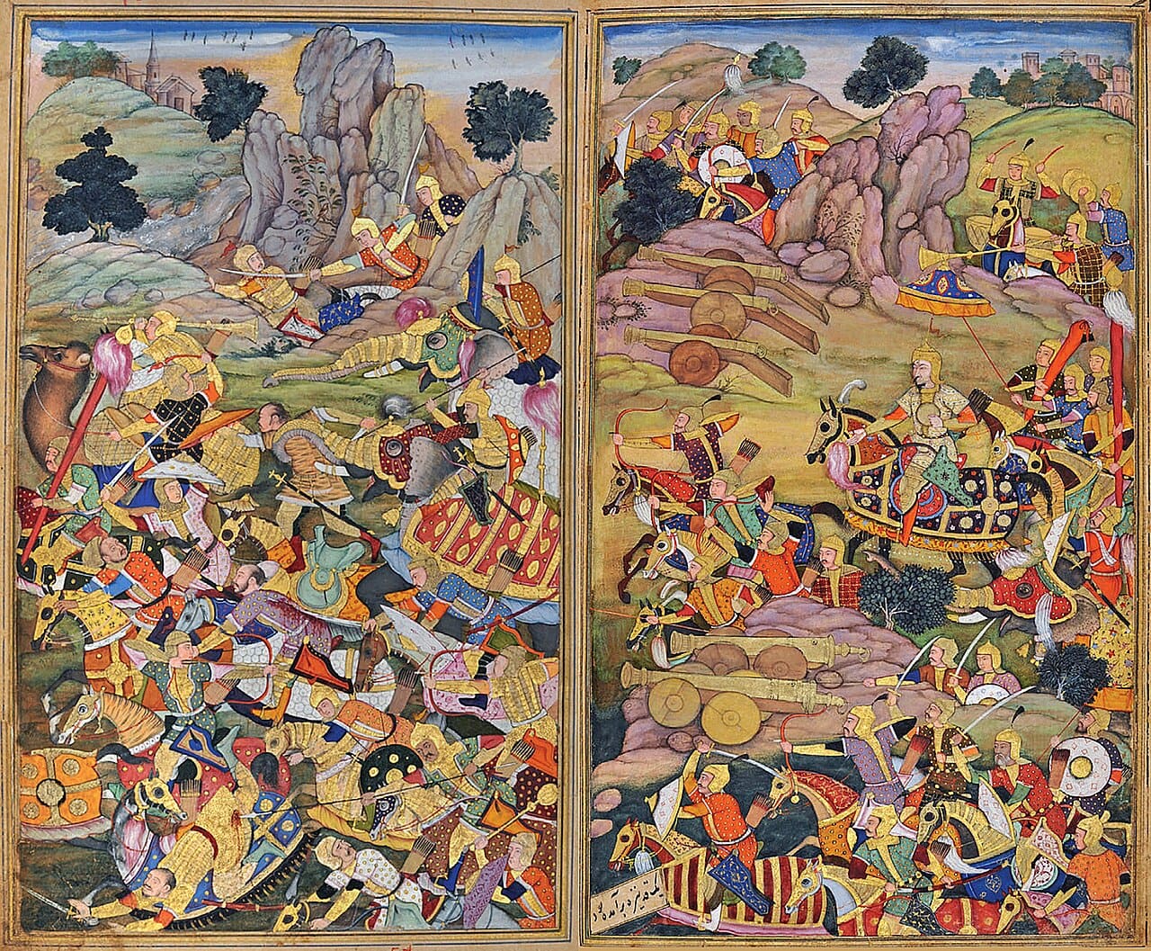 The First Battle of Panipat as painted for an illustrated Baburnama, the memoir of the Mughal Empire's founder, in 1598.