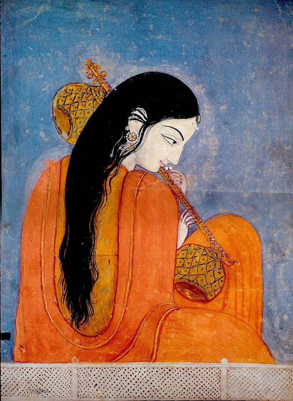 A historical Kangra-style painting depicting Mirabai, the bhakti poet-saint of Krishna, playing the veena.