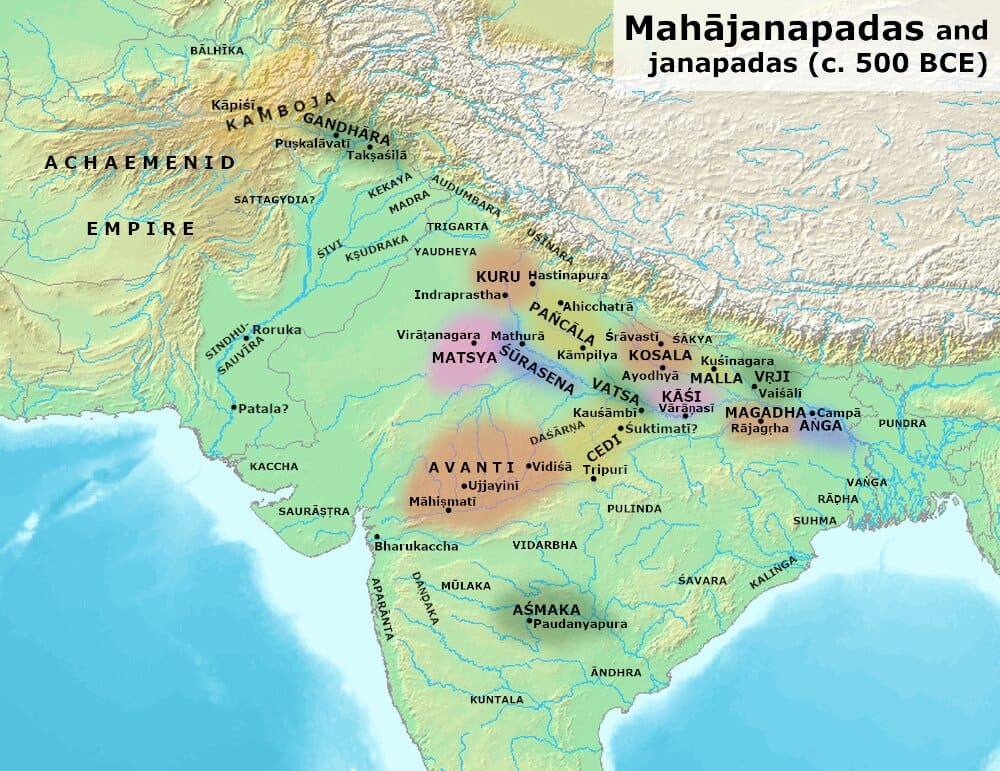 A modern map of the sixteen Mahajanapadas around 500 BCE. The boundaries are approximate and reconstructed largely from texts.