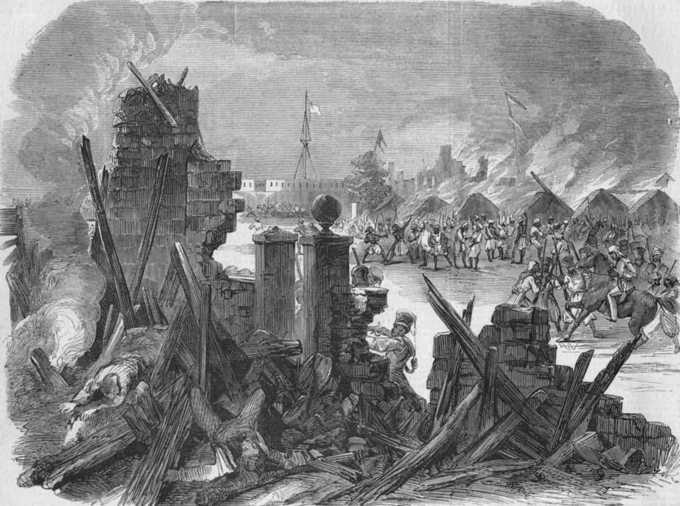 A contemporary illustration of the sepoy uprising at Meerut on 10 May 1857, the event that opened the revolt.