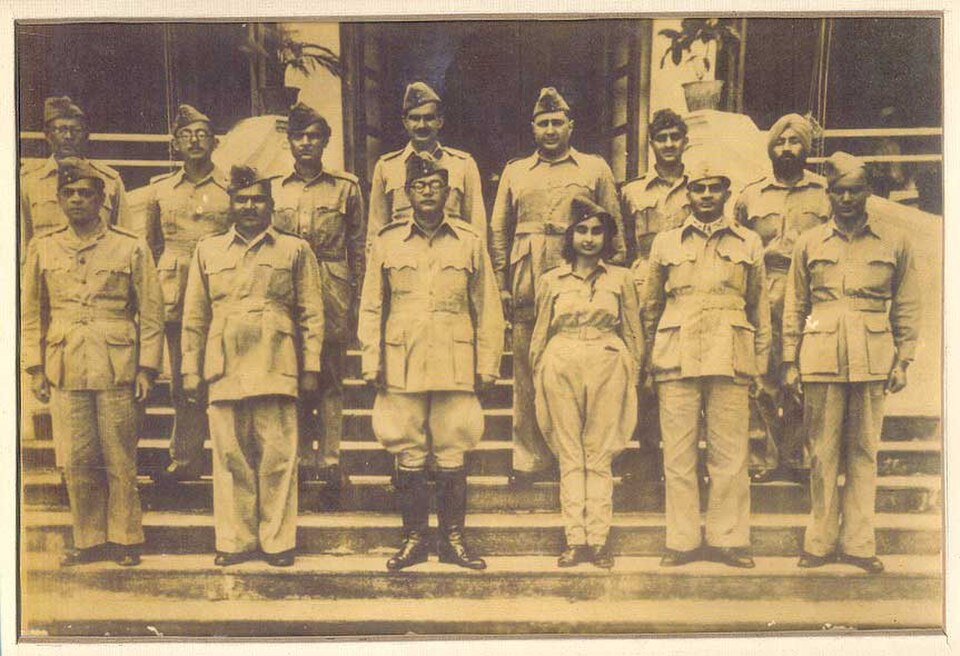 Subhas Chandra Bose with officers of the Indian National Army (Azad Hind Fauj), including Shahnawaz Khan and Lakshmi Sahgal.